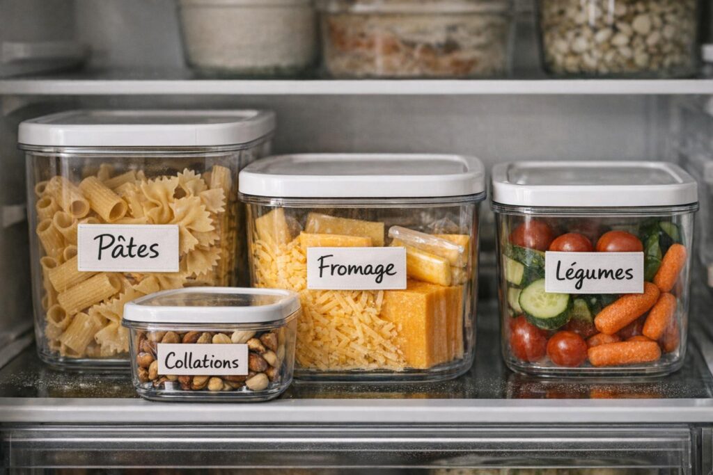 Bacs transparents étiquetés pour ranger son frigo facilement