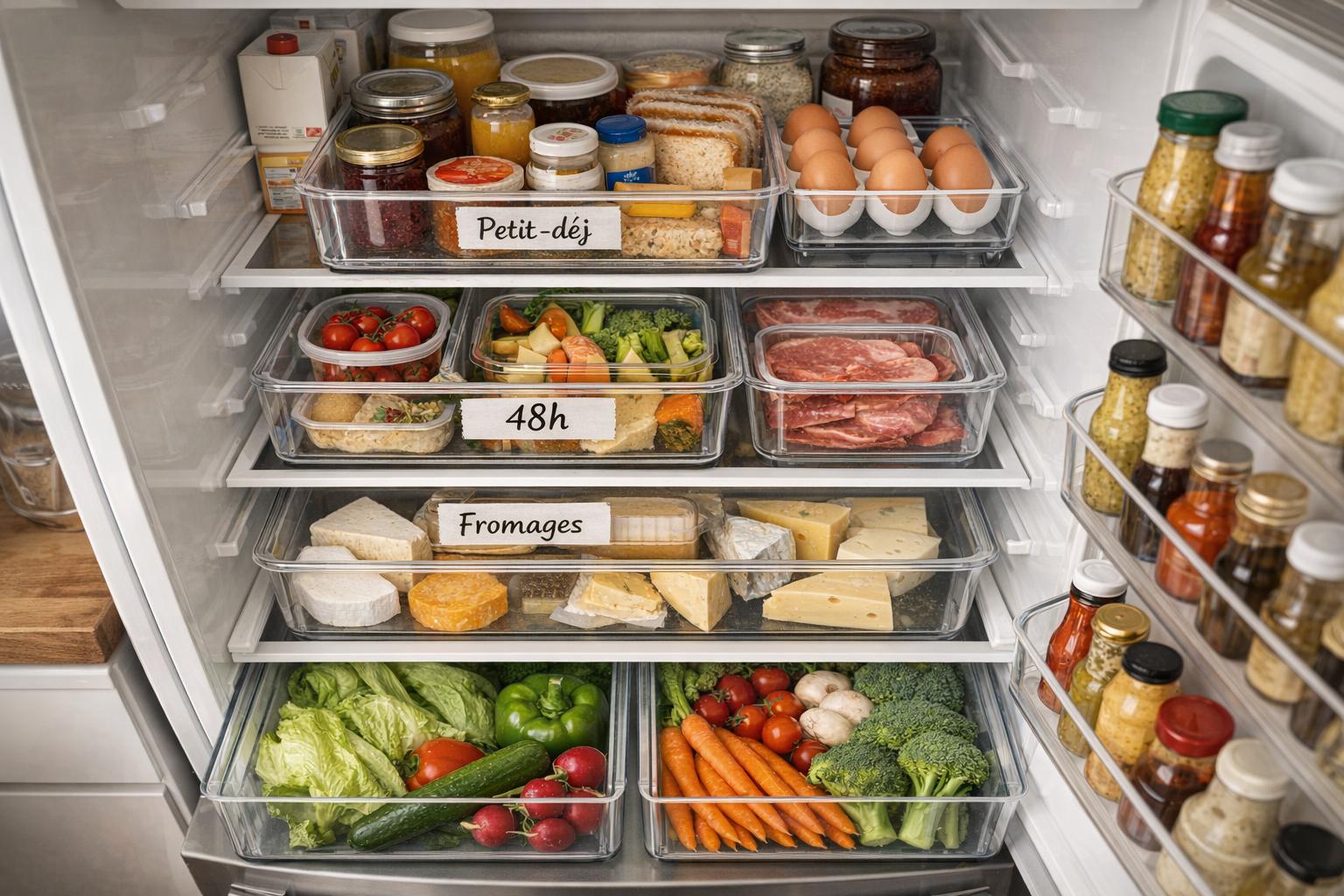Frigo bien organisé avec bacs transparents étiquetés et zones par type d’aliments