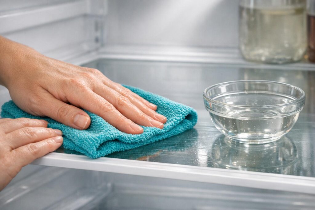 Nettoyage rapide d’une étagère de réfrigérateur au chiffon microfibre