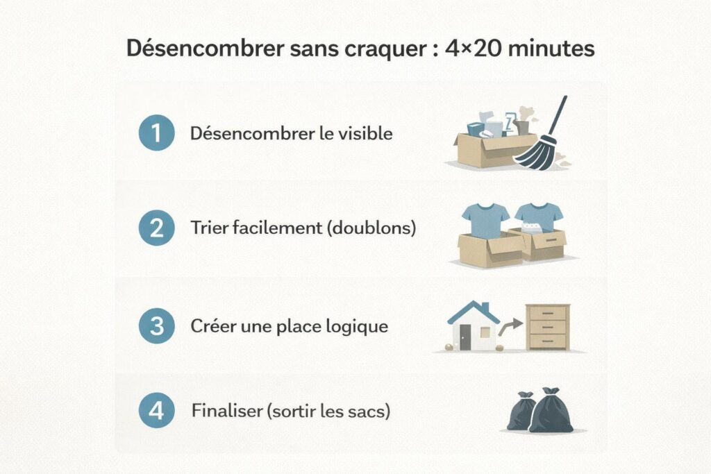 Infographie de la méthode de désencombrement en 4 sessions de 20 minutes