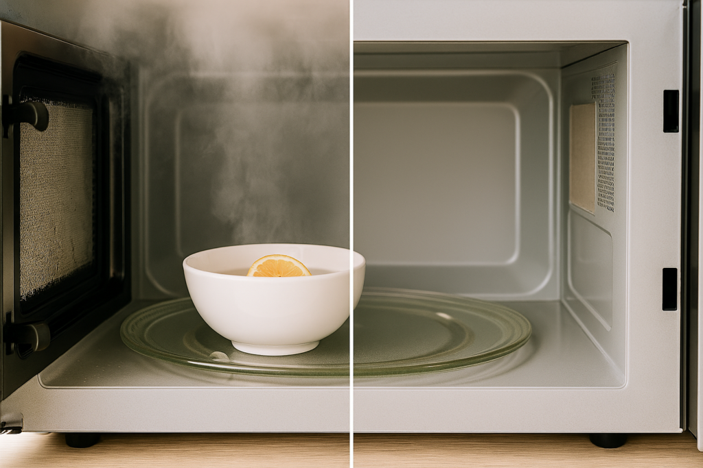 Bol d’eau avec citron dans un micro-ondes pour créer de la vapeur et faciliter le nettoyage