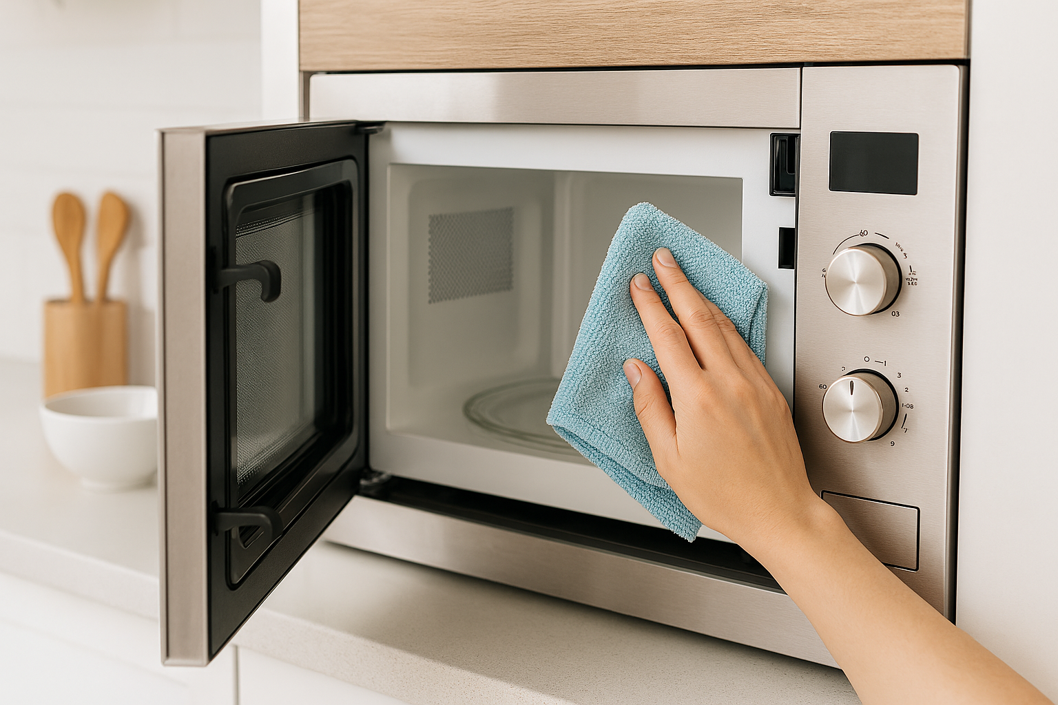 Nettoyage du micro-ondes dans une cuisine, chiffon microfibre, méthode rapide