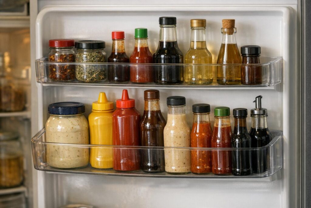 Porte de réfrigérateur rangée avec condiments et sauces alignés