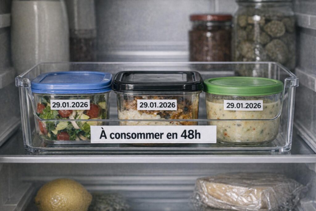 Bac “À consommer en 48h” avec restes datés au premier plan