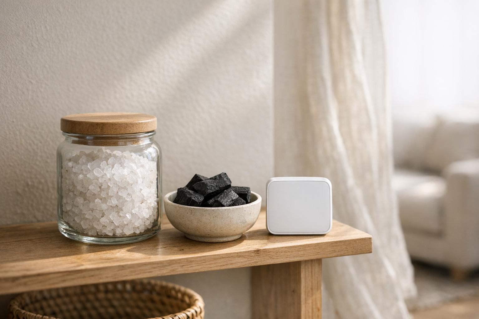 Absorbeur d’humidité naturel avec gros sel et charbon dans un intérieur lumineux