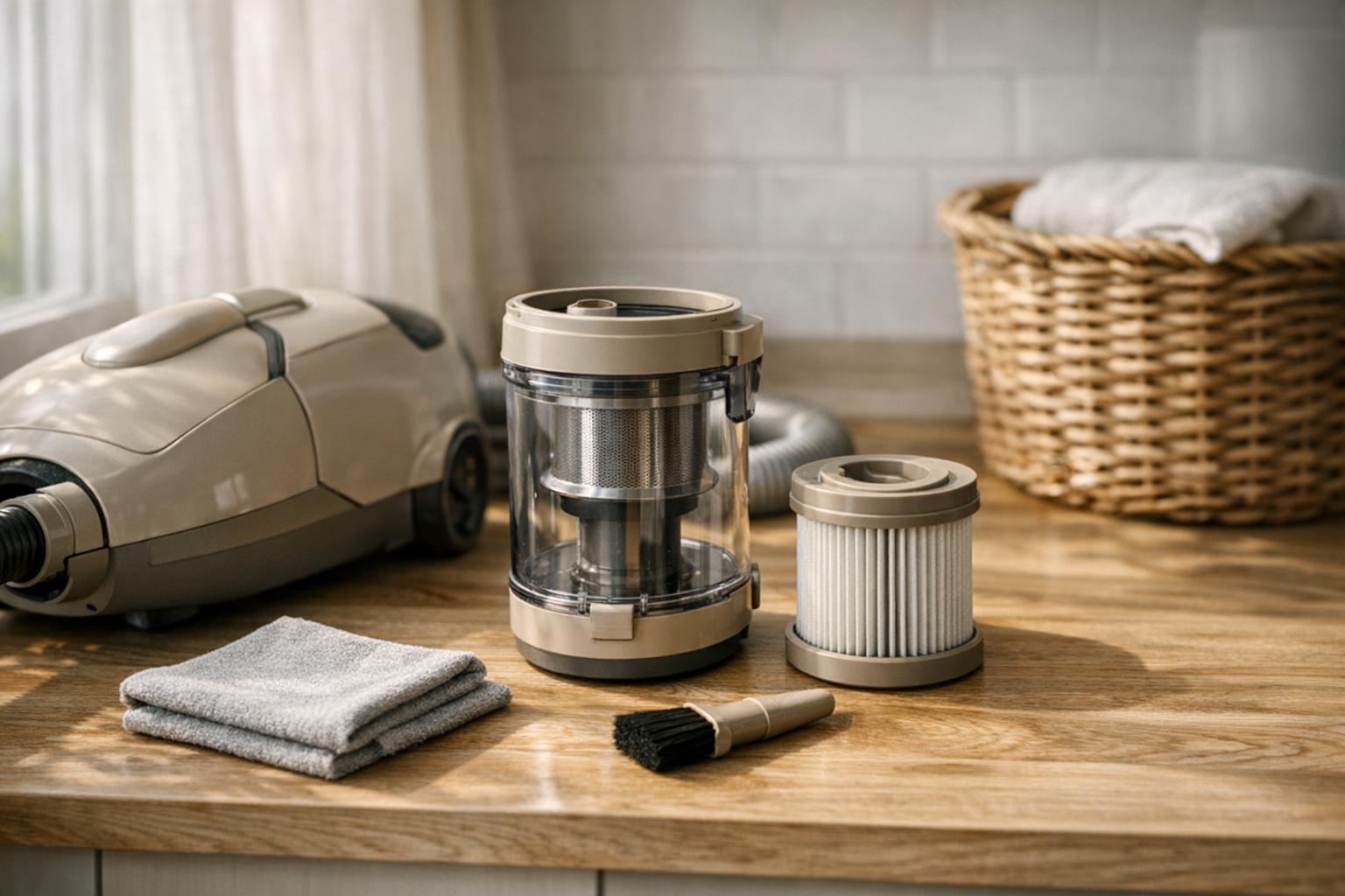 Aspirateur qui sent mauvais : bac et filtre prêts à être nettoyés