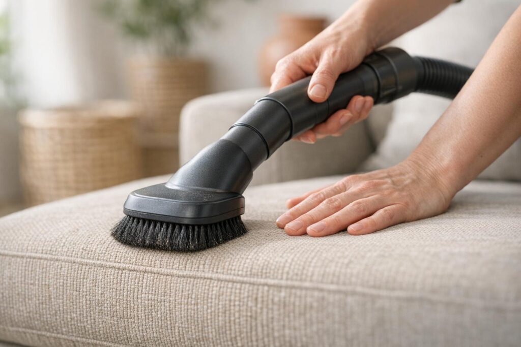 Aspirer un canapé en tissu avec une brosse douce avant nettoyage