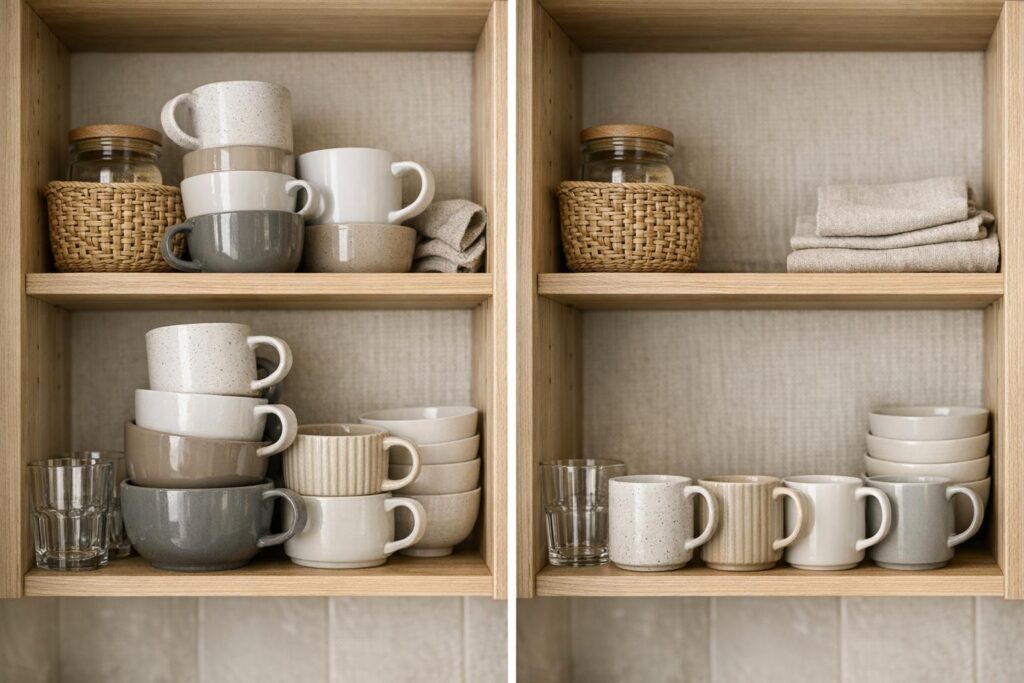 Placard de cuisine organisé avec tasses visibles, accessibles et espace gagné
