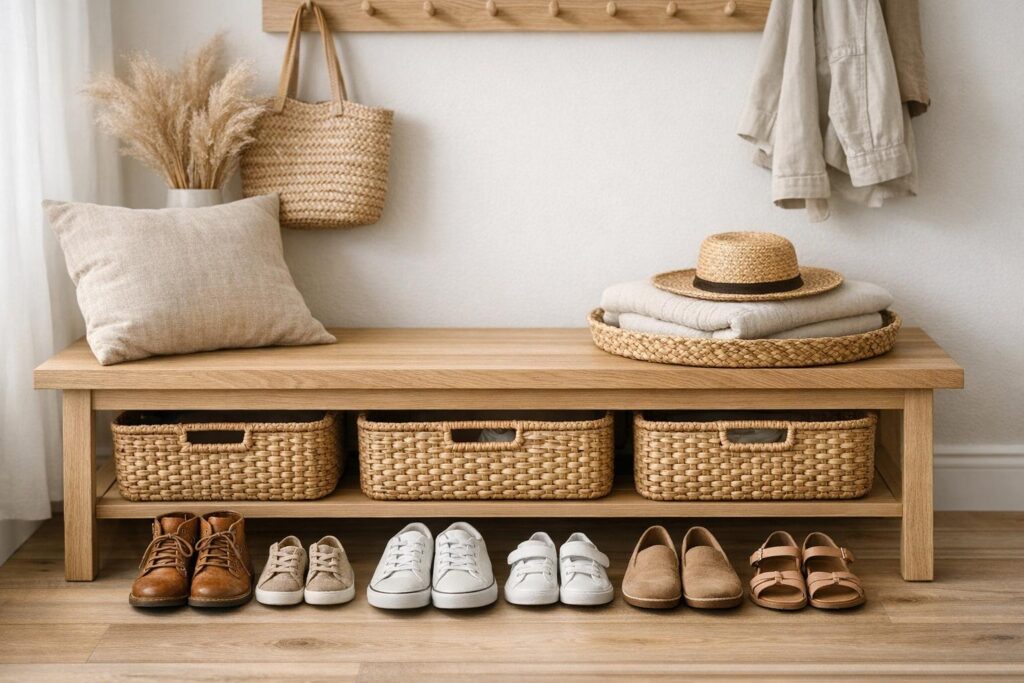 Organisation de chaussures par bacs dans une entrée familiale