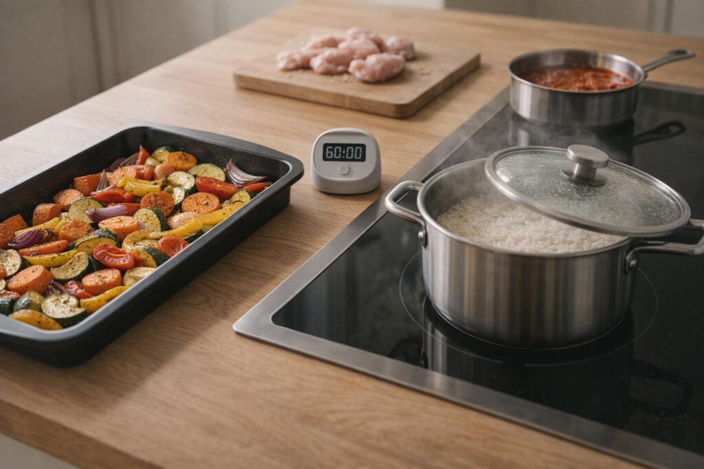 Batch cooking débutant : légumes au four et riz en cuisson parallèle