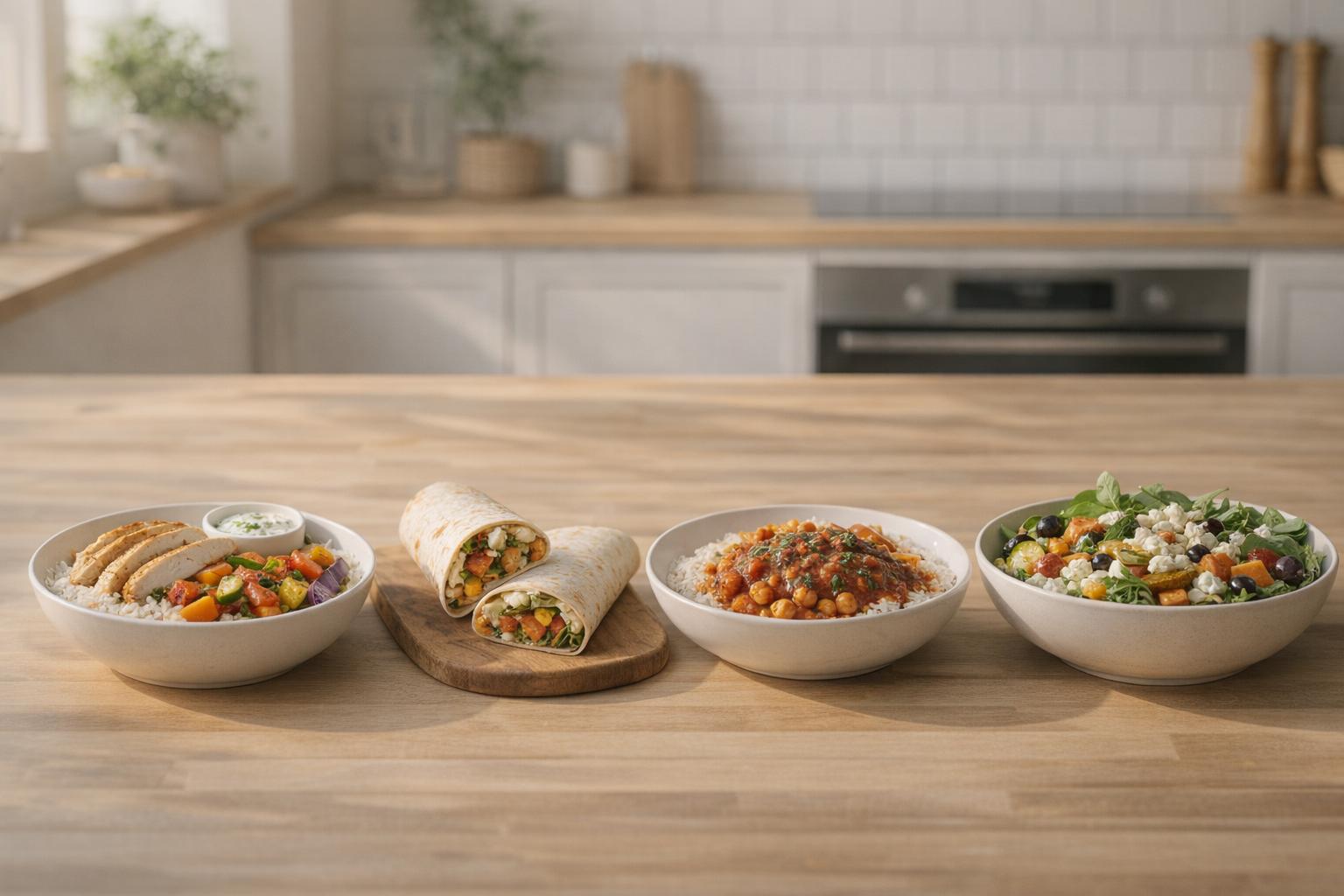Meal prep du dimanche : 4 repas différents en batch cooking (bol, wrap, assiette tomate, salade)