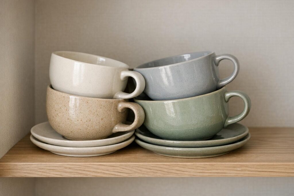Bloc stable de tasses avec soucoupes, rangées sans empilage vertical