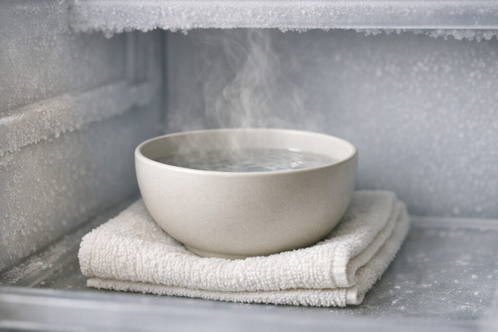 Bol d’eau chaude pour ramollir le givre dans un congélateur