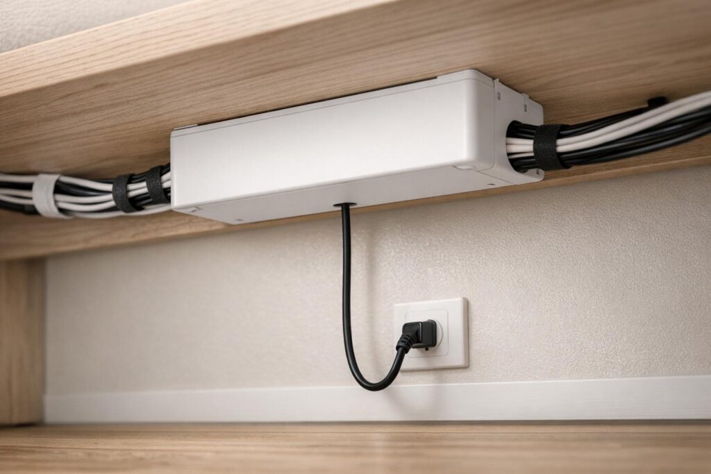 Multiprise cachée sous un bureau pour garder les câbles invisibles et le sol dégagé