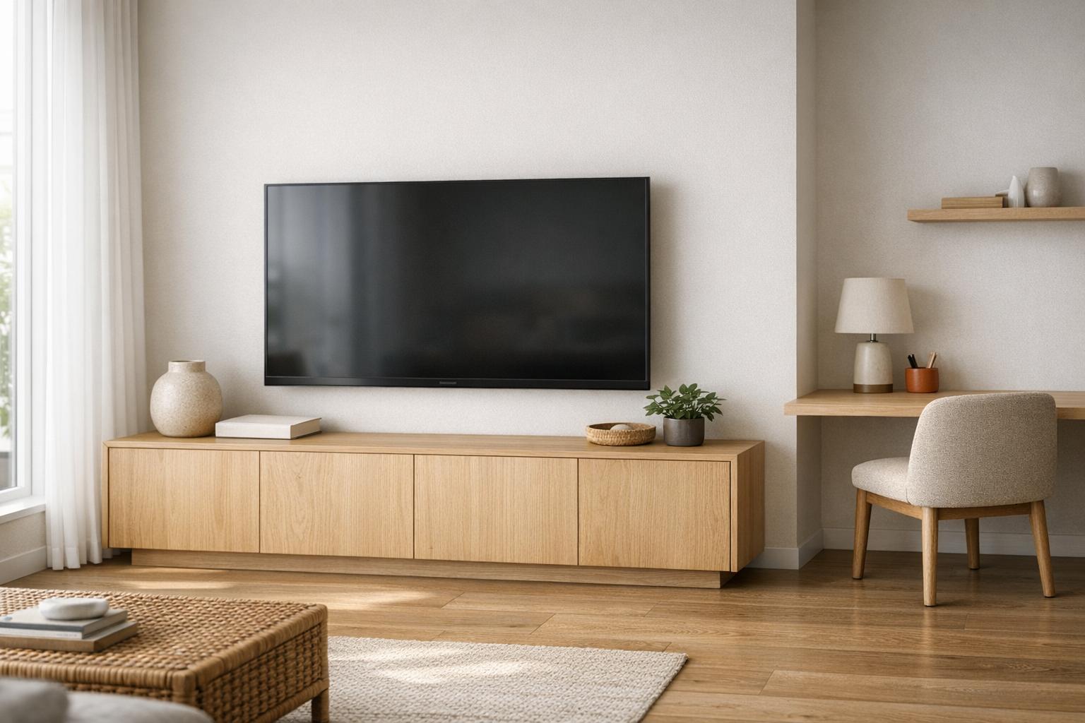Cacher les câbles électriques derrière un meuble TV et un bureau, rendu net
