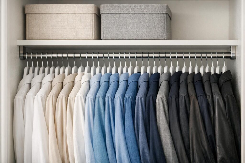 Penderie optimisée avec des cintres fins pour gagner de la place dans un petit dressing
