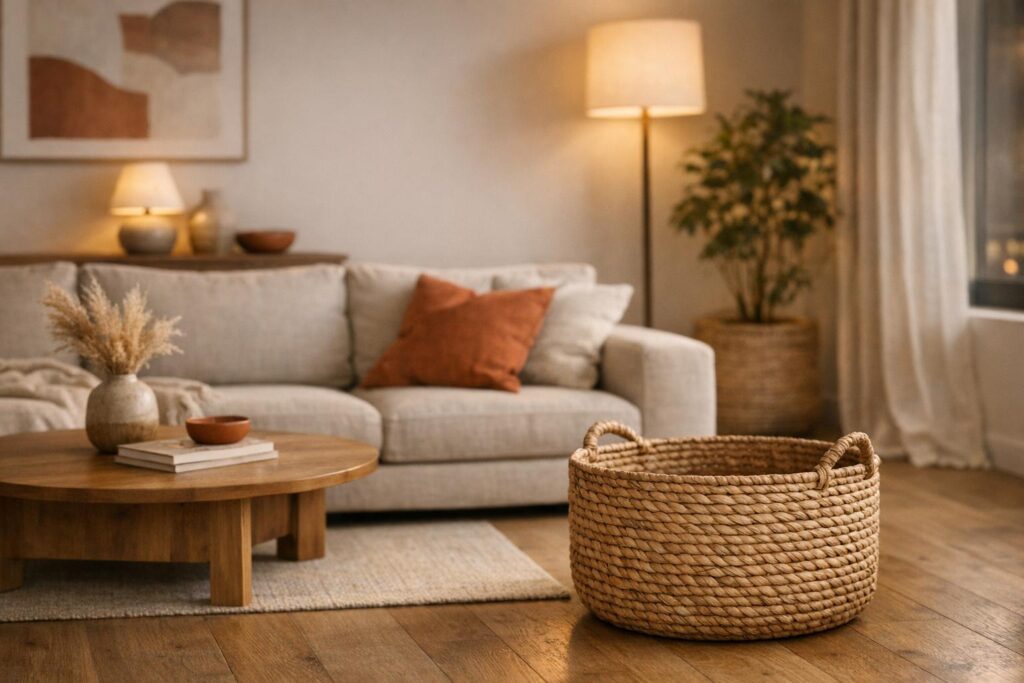 Salon rangé le soir avec panier transit et routine de fermeture simple
