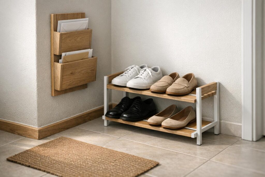 Bac à courrier vertical et rangement chaussures compact dans une entrée