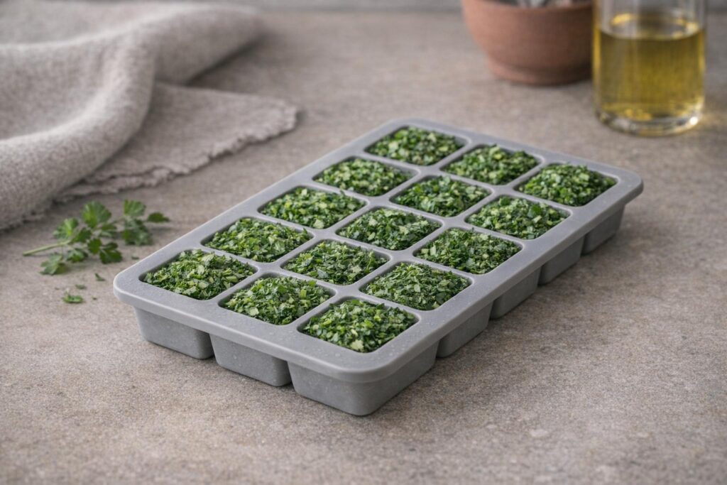 Cubes d’herbes fraîches congelées dans un bac à glaçons