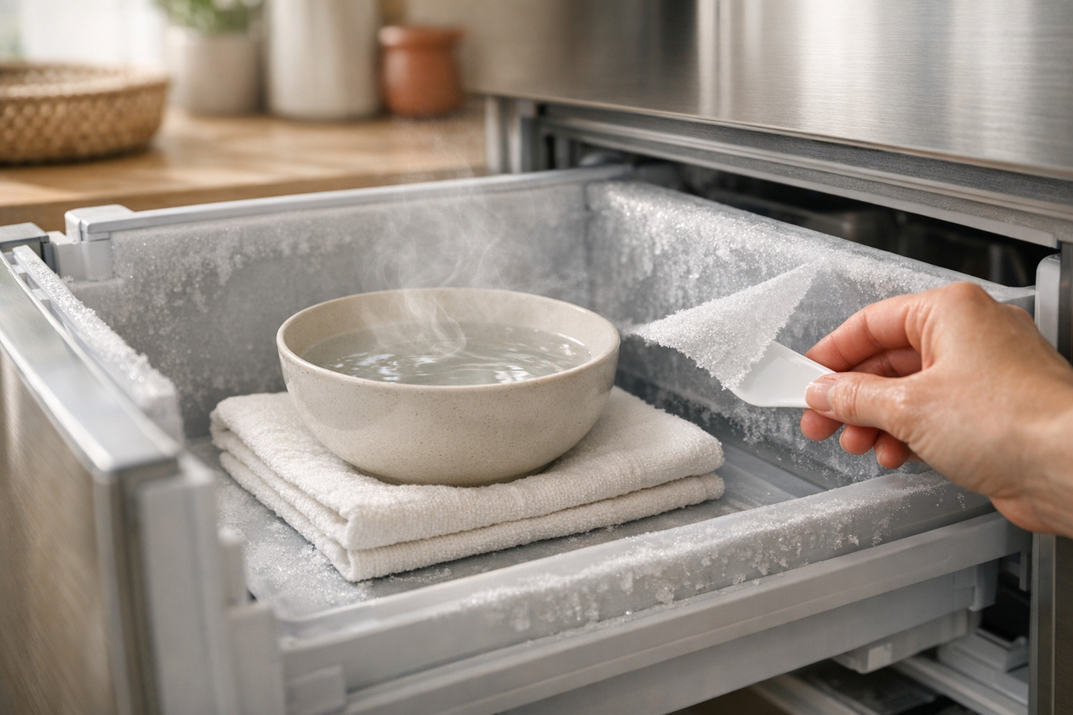 Dégivrer congélateur rapidement avec un bol d’eau chaude et une spatule plastique