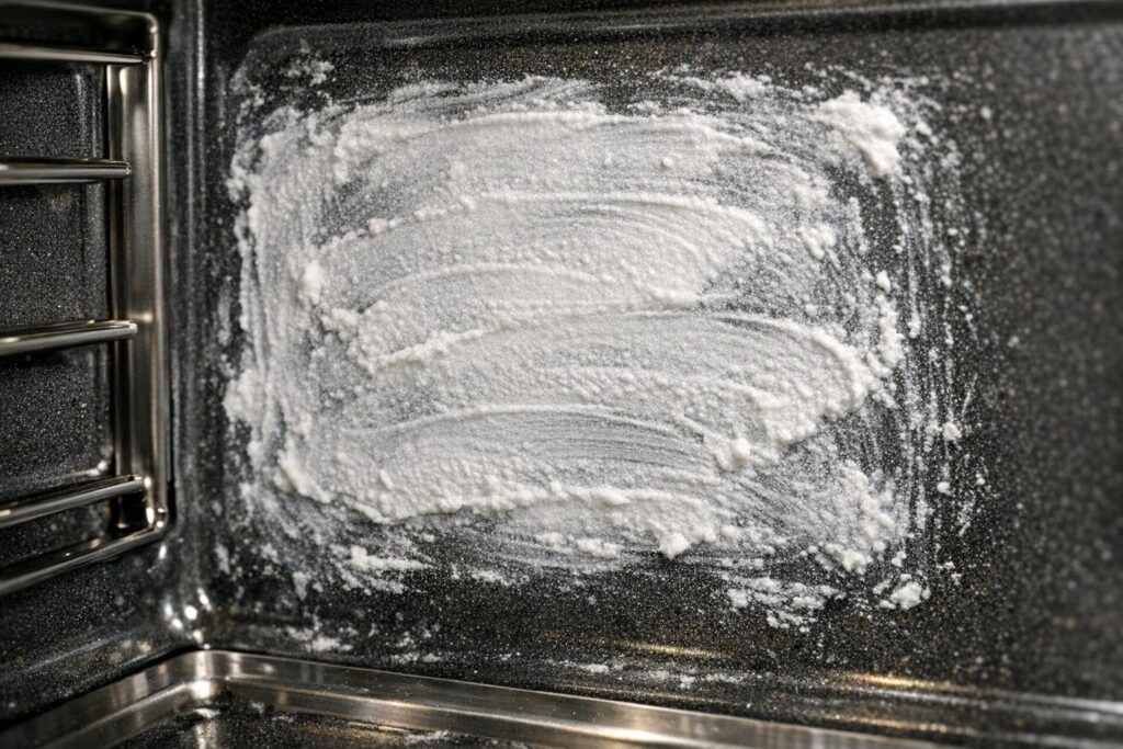 pâte de bicarbonate appliquée sur les zones grasses du four