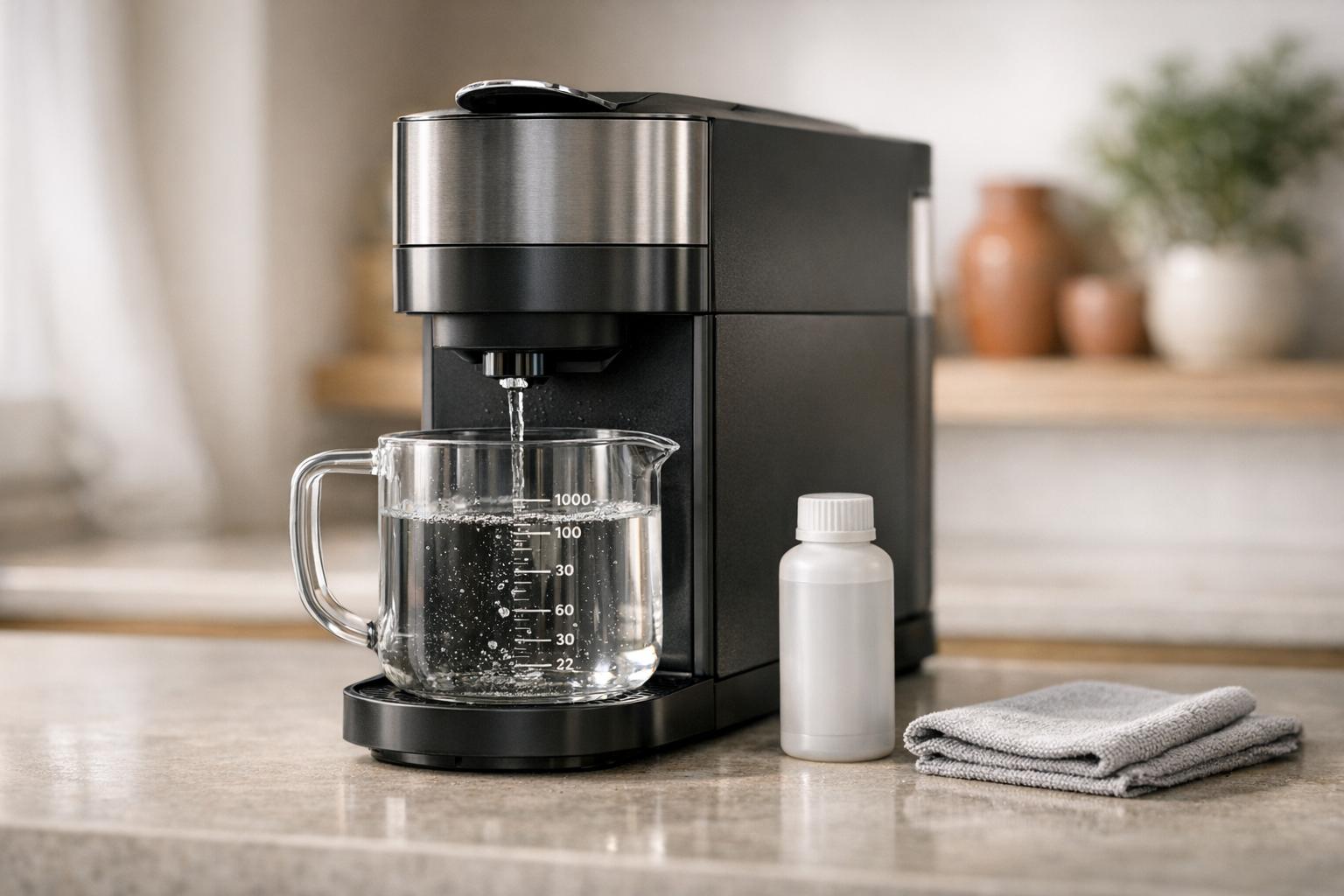 Détartrer une cafetière Nespresso avec un récipient d’un litre sur le plan de travail