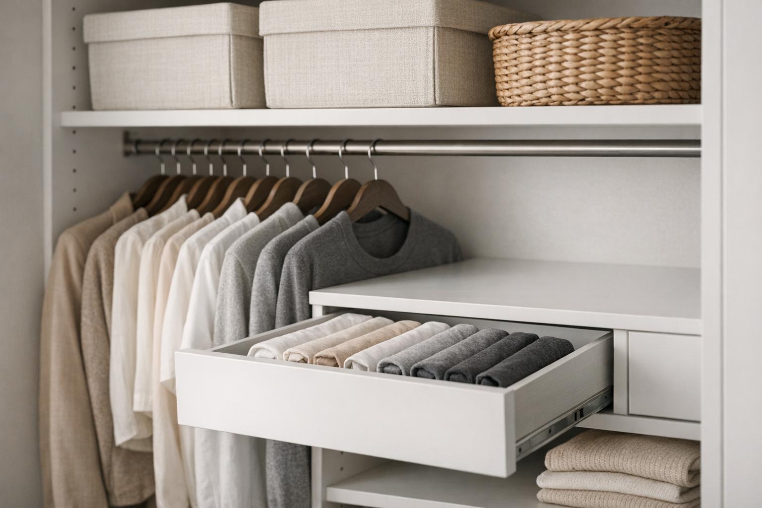 Ranger un dressing petit espace : penderie minimaliste avec cintres fins et boîtes de rangement