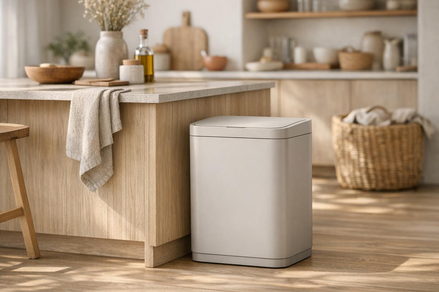 Cuisine lumineuse avec une poubelle propre pour enlever odeur poubelle