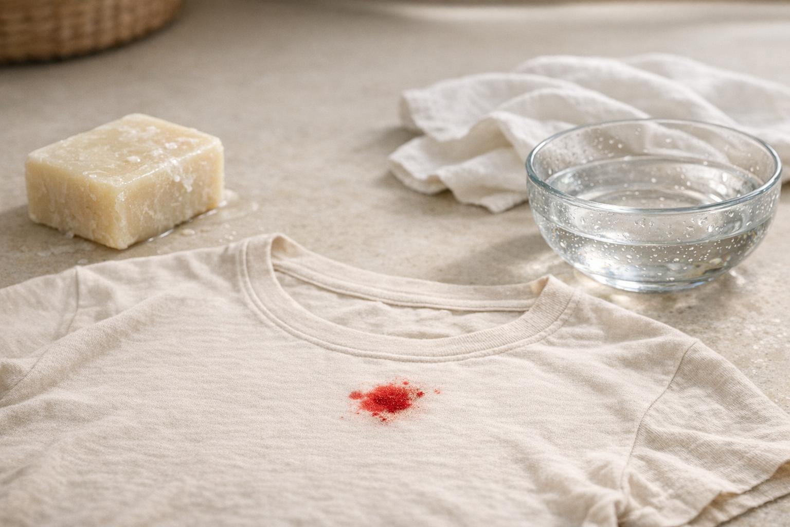 Enlever une tache de sang sur un t-shirt avec eau froide et savon de Marseille