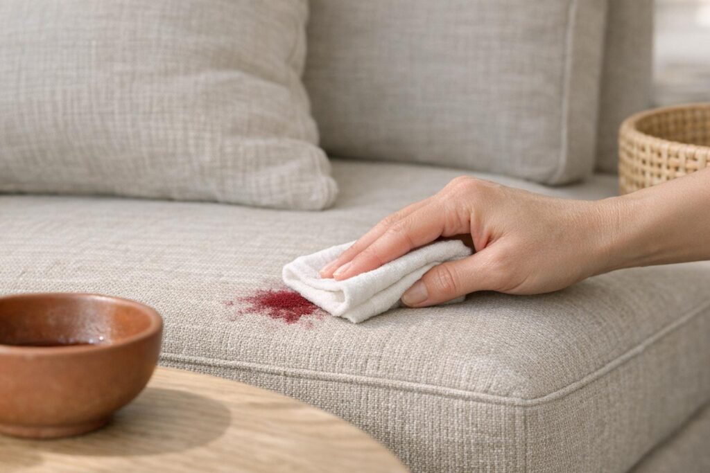 Nettoyer une tache de vin rouge sur un canapé tissu en tamponnant doucement