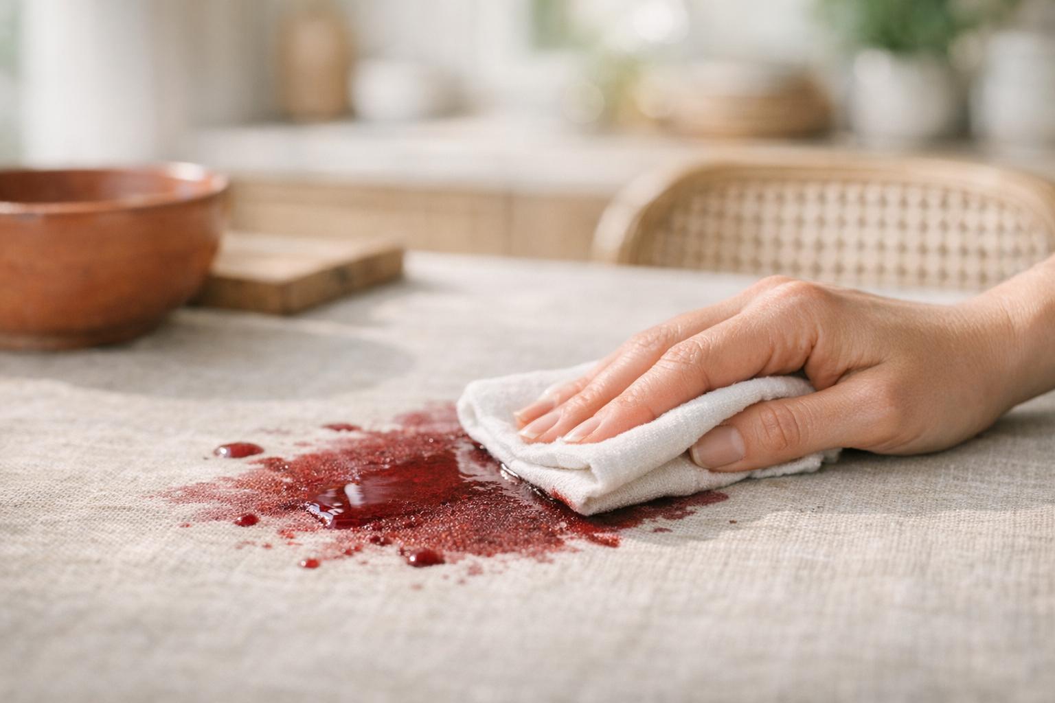 Enlever tache vin rouge sur une nappe en lin en tamponnant avec un chiffon blanc