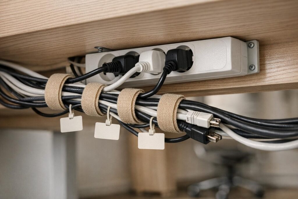 Étiqueter les câbles sous un bureau pour retrouver chaque branchement facilement