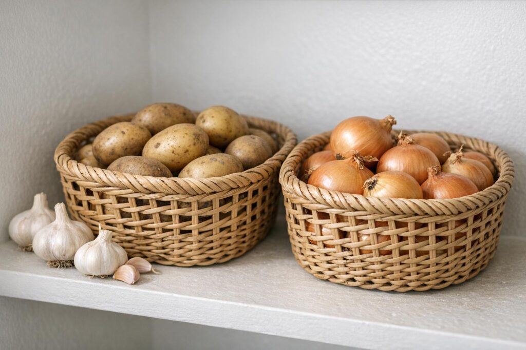 Pommes de terre et oignons rangés séparément dans un garde-manger