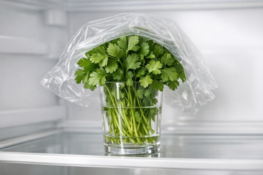 Herbes fraîches conservées en bouquet dans un verre