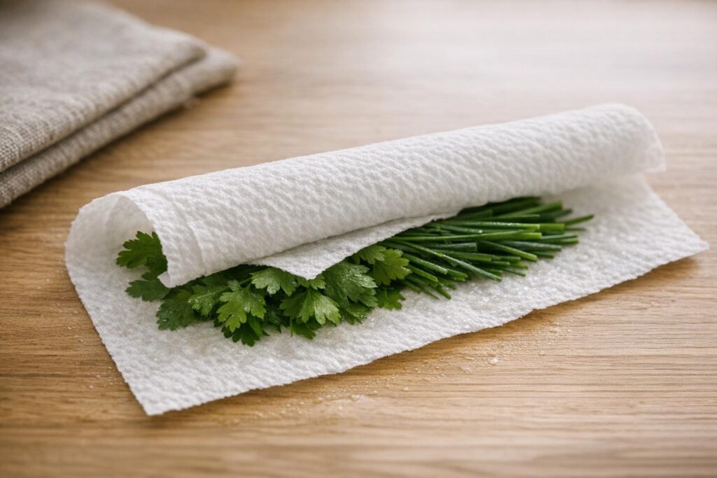 Herbes enveloppées dans un papier absorbant légèrement humide