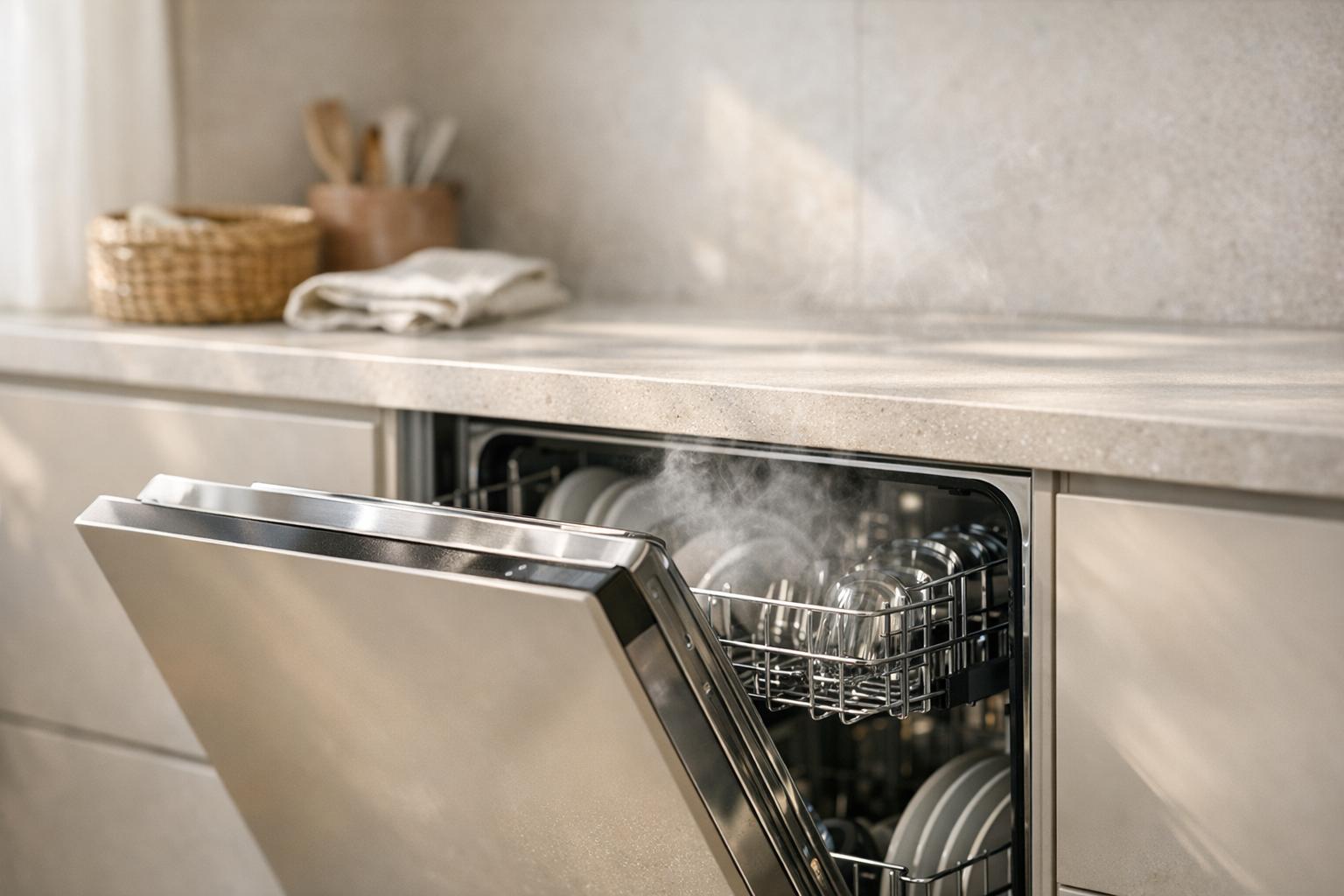 Lave-vaisselle qui sent mauvais dans une cuisine lumineuse, porte entrouverte