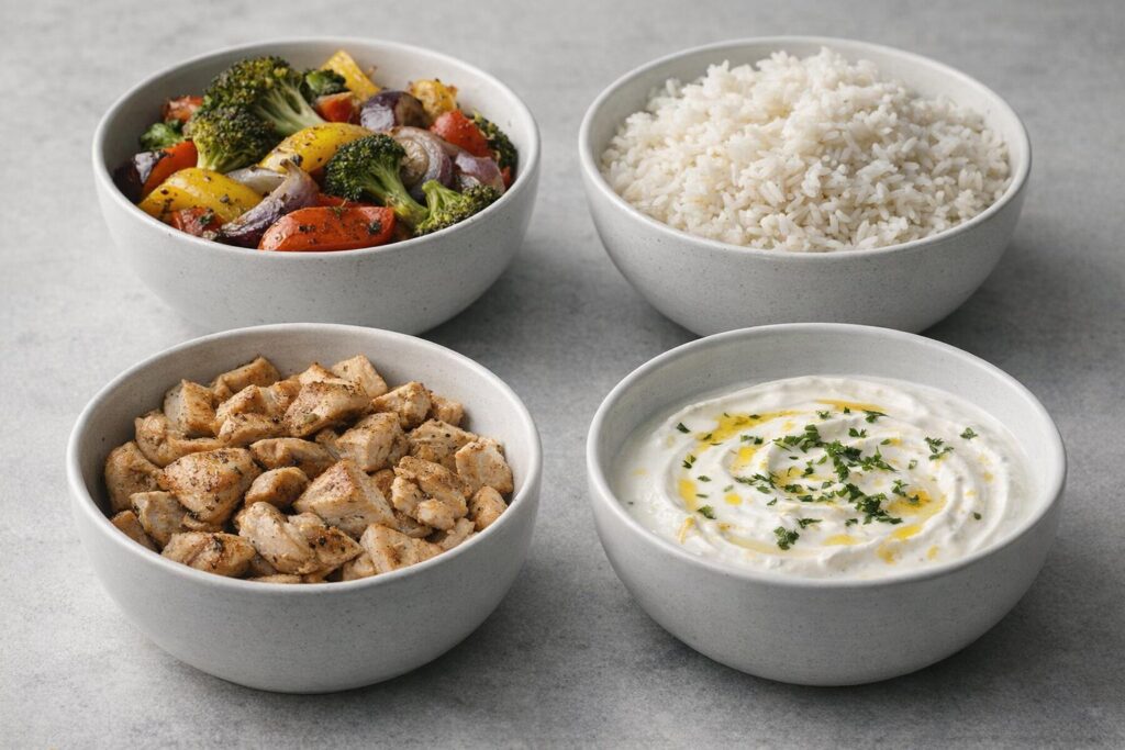 Les 4 bases du batch cooking : légumes rôtis, riz, protéine et sauce
