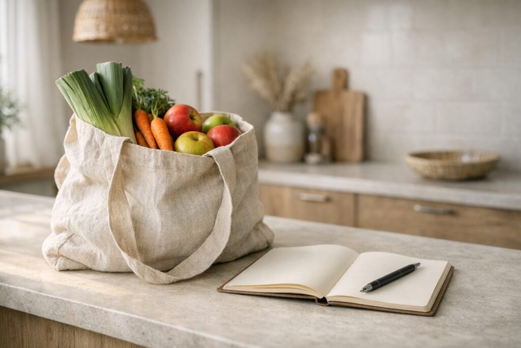 Liste de courses organisée par blocs pour faire les courses plus vite.