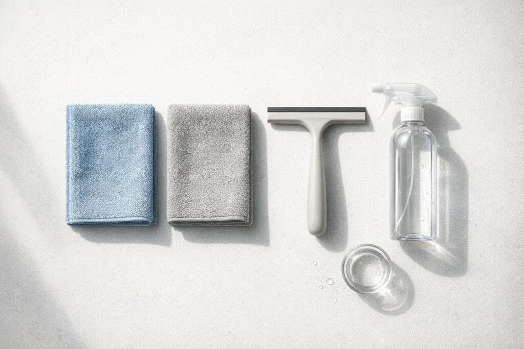 Microfibre, raclette et pulvérisateur pour nettoyer les vitres