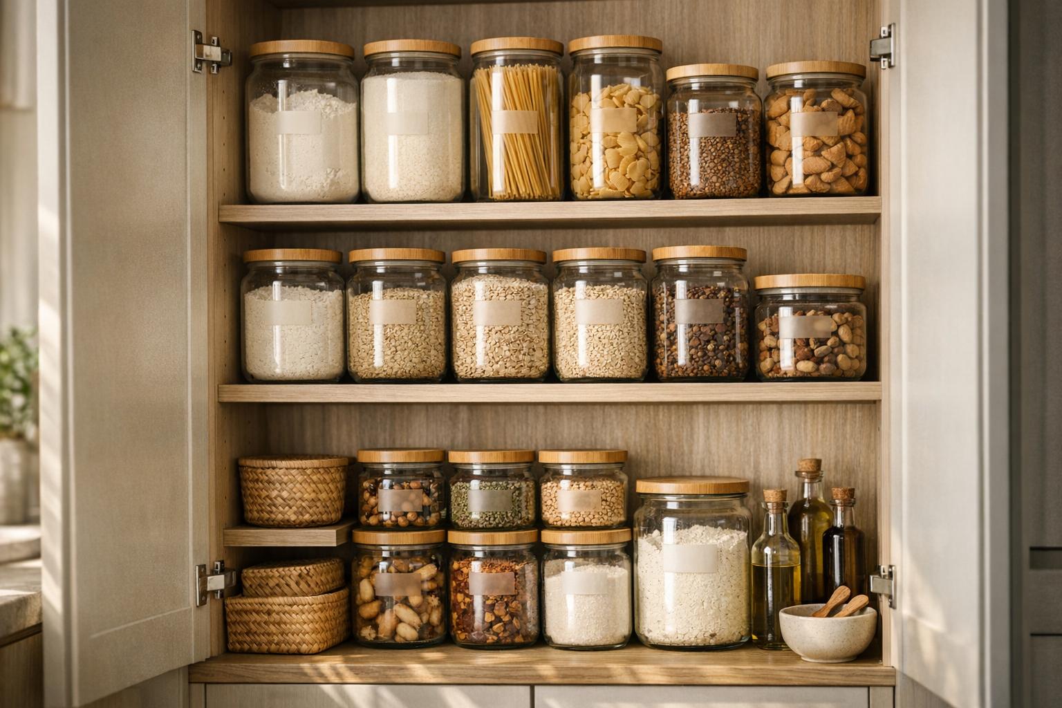 Placard de cuisine avec bocaux hermétiques pour éviter le retour des mites alimentaires