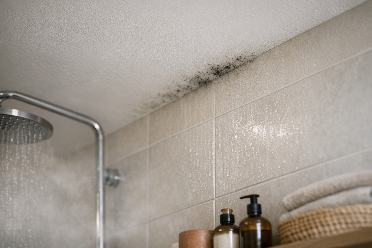 Moisissure au plafond de salle de bain dans un angle au-dessus de la douche