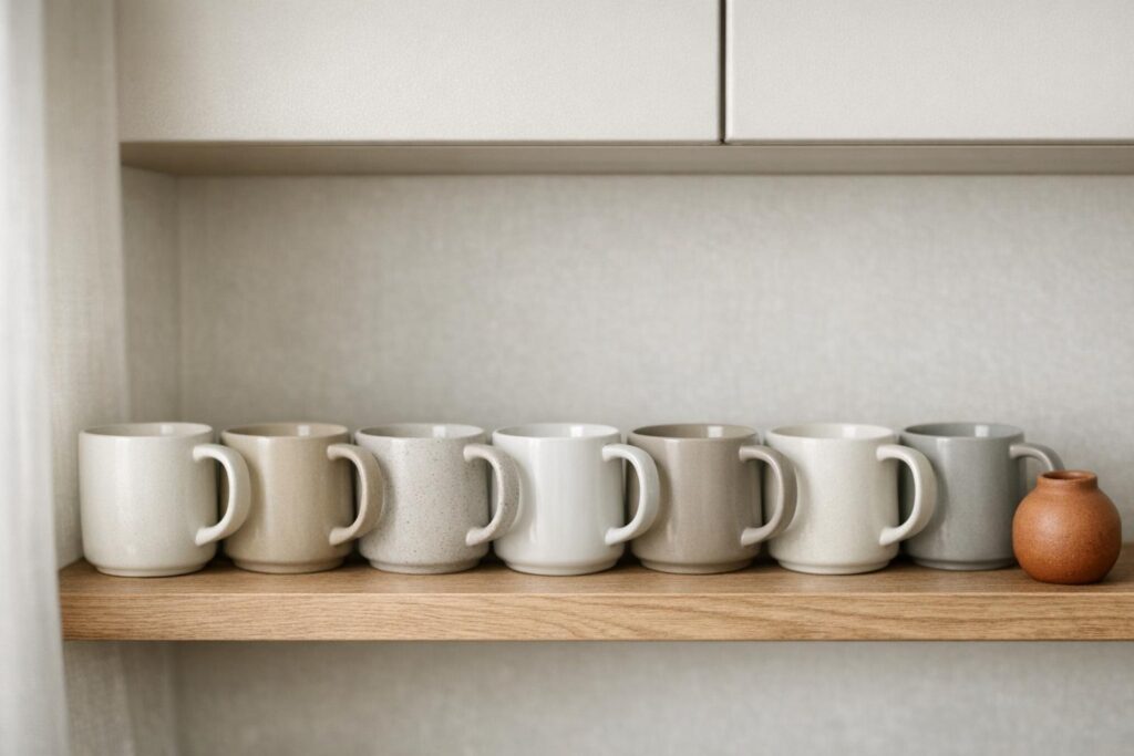 Mugs rangés en façade avec poignées alignées pour une prise facile