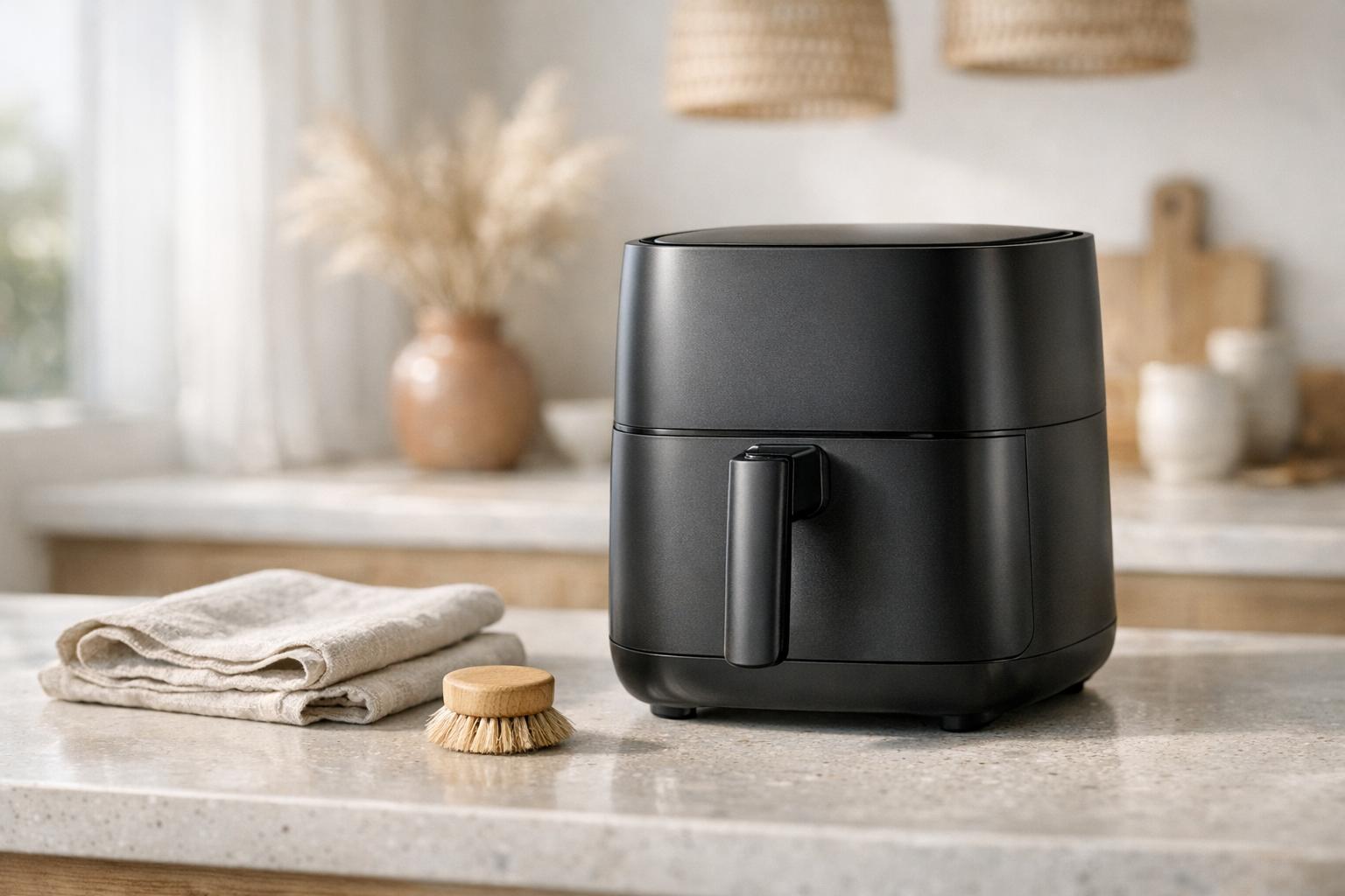 Airfryer propre sur un plan de travail lumineux (nettoyer airfryer).