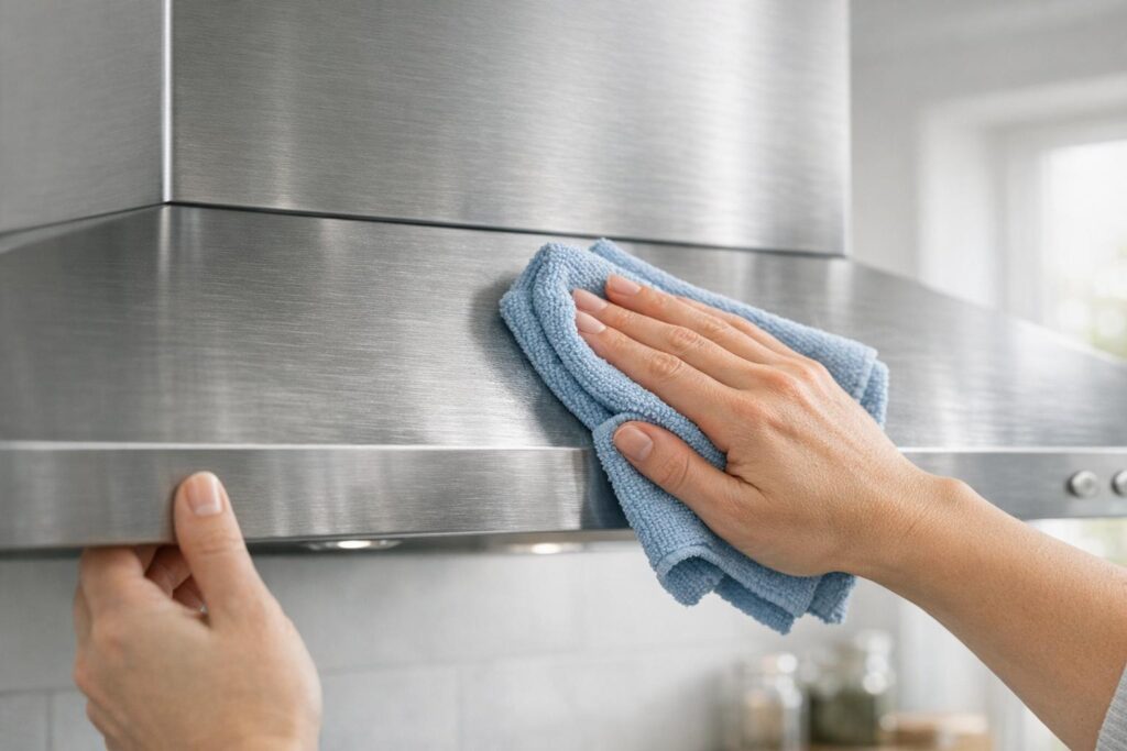Nettoyage d’une hotte en inox avec une microfibre bien essorée