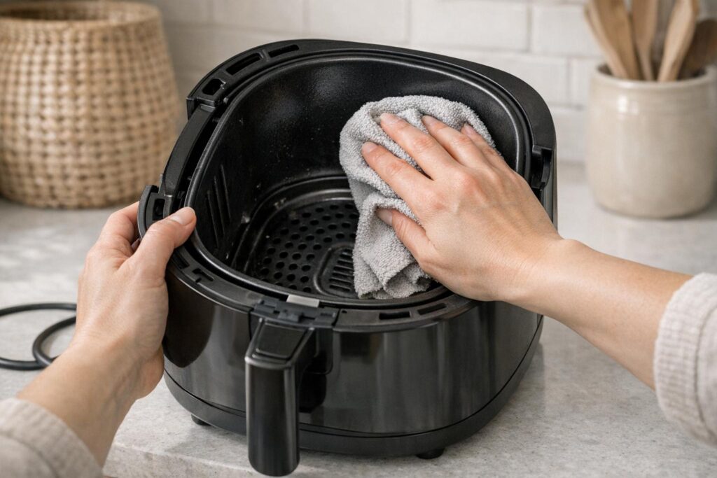 Nettoyage doux de l’intérieur d’un airfryer avec chiffon microfibre.