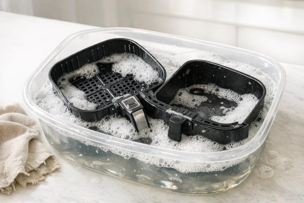 Panier et cuve d’airfryer en trempage à l’eau chaude savonneuse.