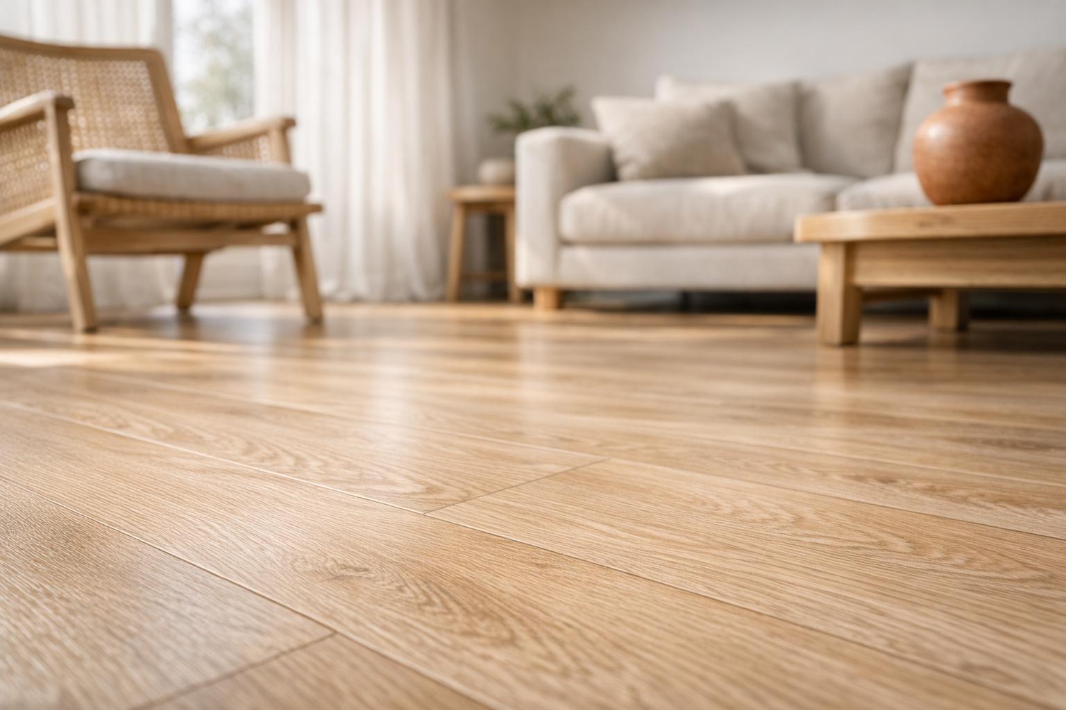 Parquet stratifié chêne clair propre et sans traces dans un salon lumineux