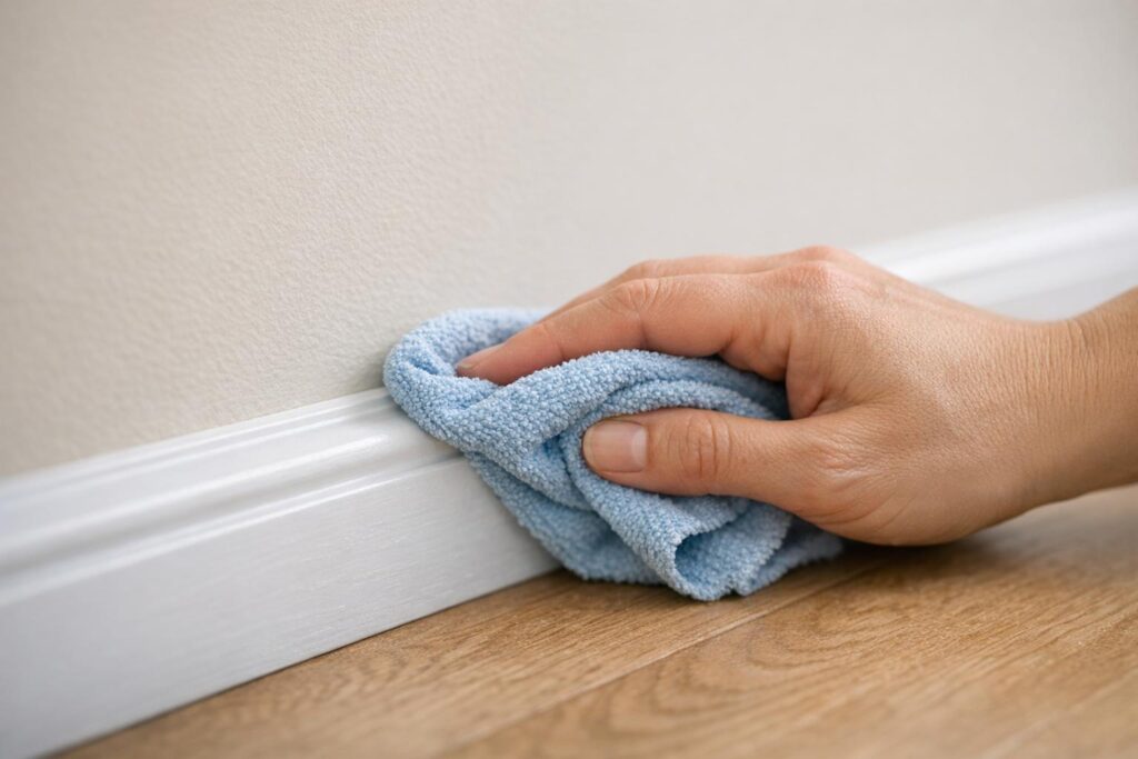 Geste correct avec une microfibre très essorée sur une plinthe