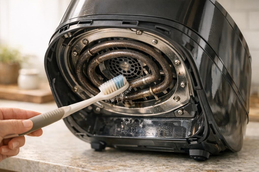Nettoyage de la résistance d’un airfryer avec une brosse souple.
