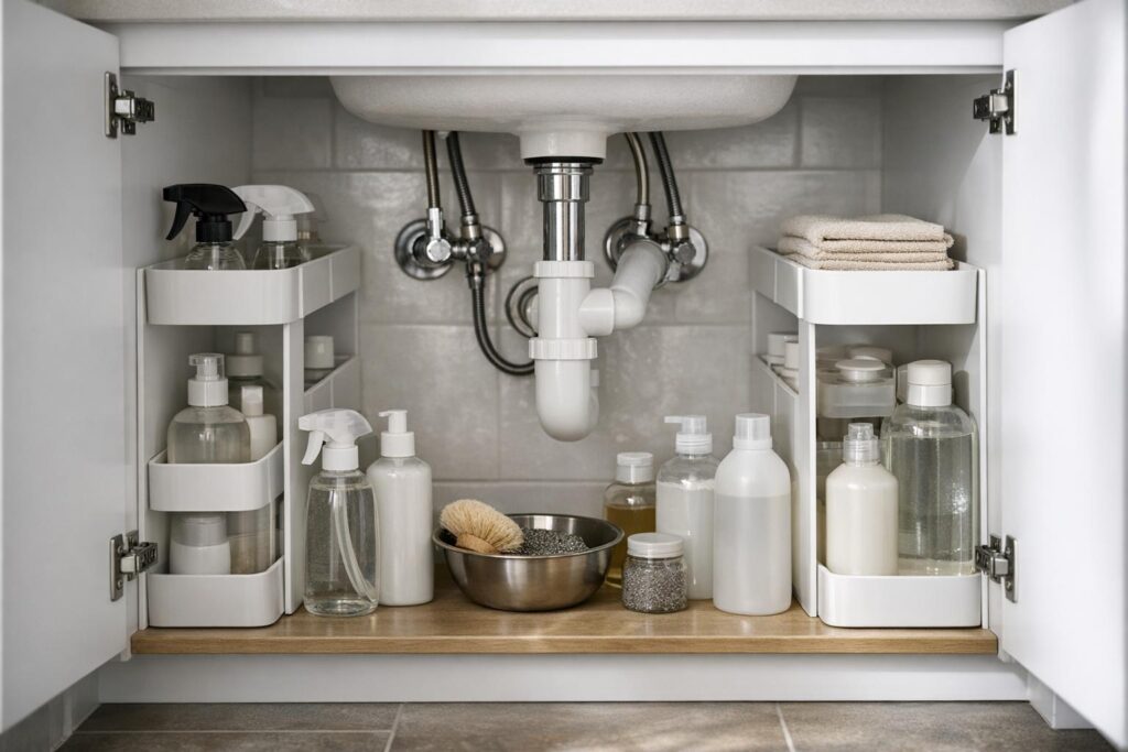 Organisation d'un meuble sous lavabo avec bacs étroits autour des tuyaux